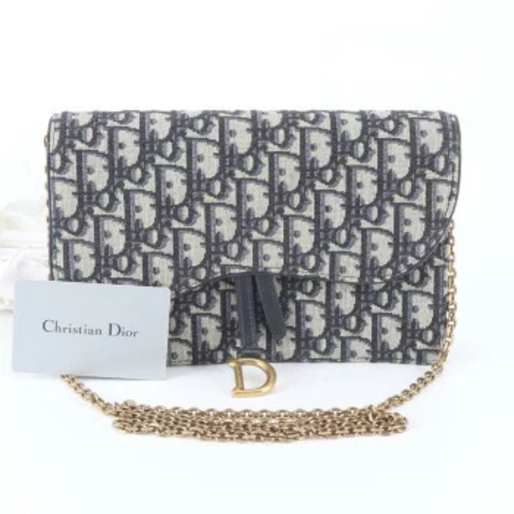 Christian Dior Oblique Saddle Pouch Card Shoulder Bag Canvas Leather Gray White